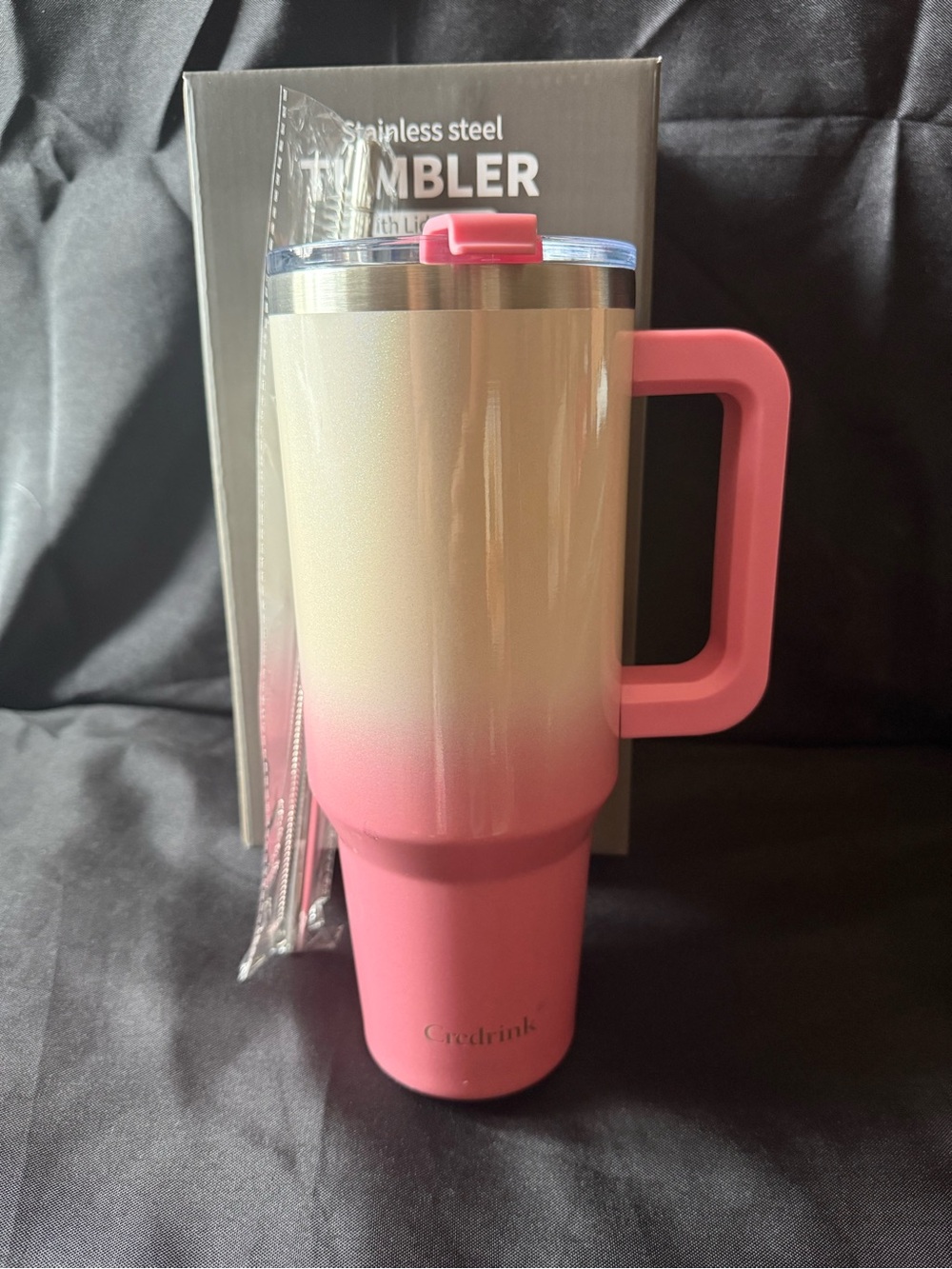 New Stainless Steel Tumbler Two Tone Pink Cream with Lid-Straw and Handle - 40oz
